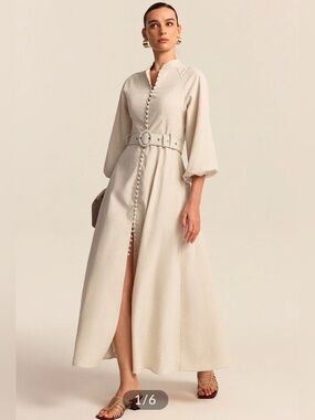 SOLD OUT Commense Linen Blend Cream Button-Front Maxi Dress with Belt